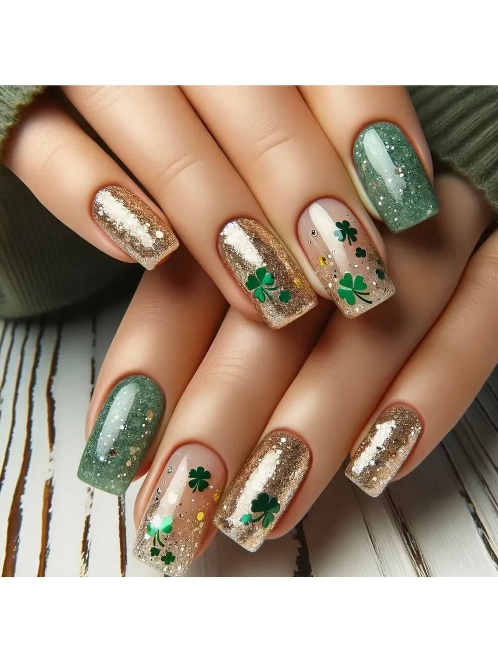New - 24pcs Green & Golden Medium Square Length Reusable Press-On Nails